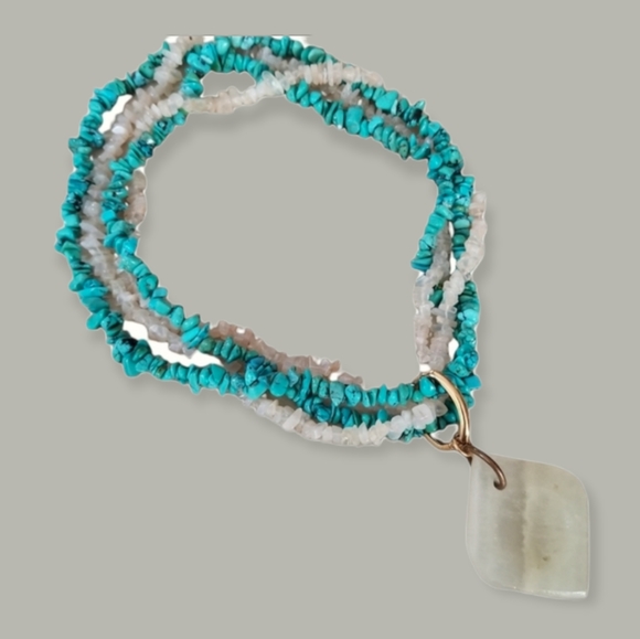 Vintage Boho Turquoise Agate & Moonstone Necklace - Picture 3 of 15